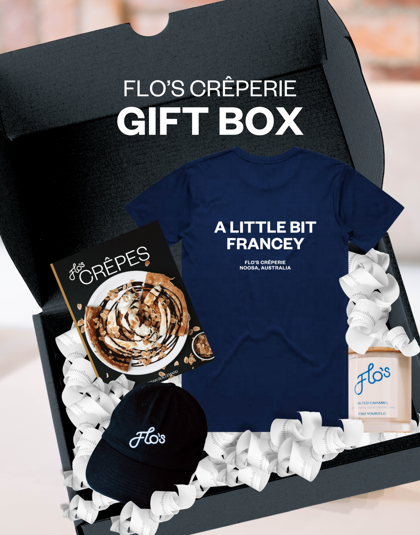 Flo’s Créperie Gift Box: T-Shirt, Cap, Candle & Cookbook